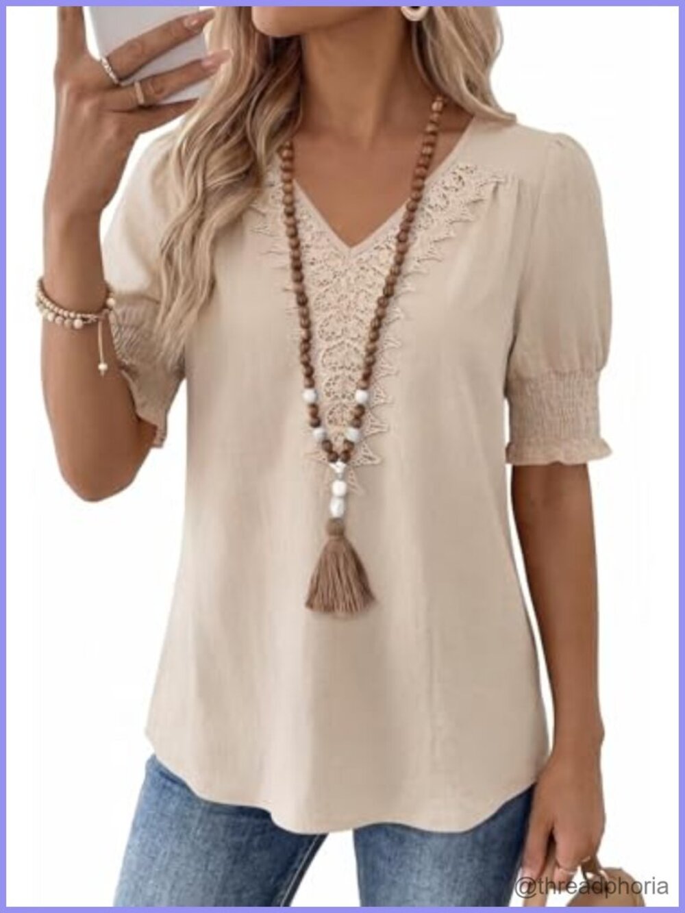 Womens Boho Lace V Neck Puff Sleeve Tunic Top